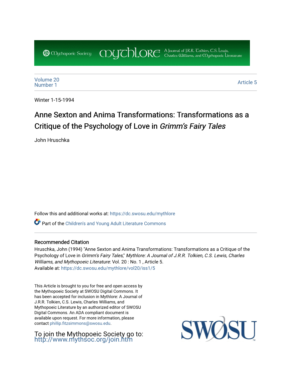 Anne Sexton and Anima Transformations: Transformations As a Critique of the Psychology of Love in Grimm’S Fairy Tales