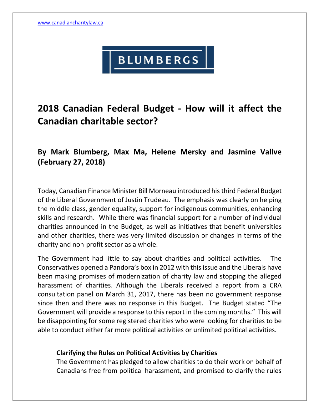 2018 Canadian Federal Budget - How Will It Affect the Canadian Charitable Sector?