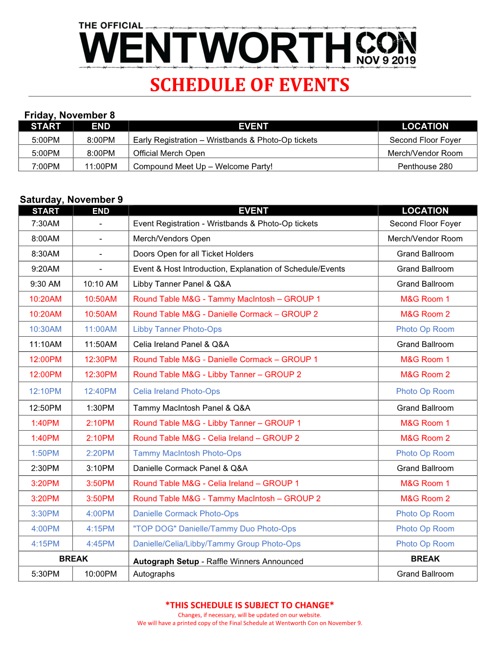 Schedule of Events