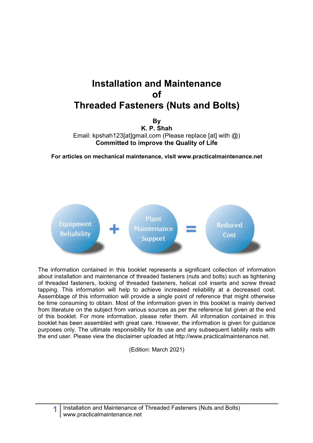 Installation and Maintenance of Threaded Fasteners (Nuts and Bolts)