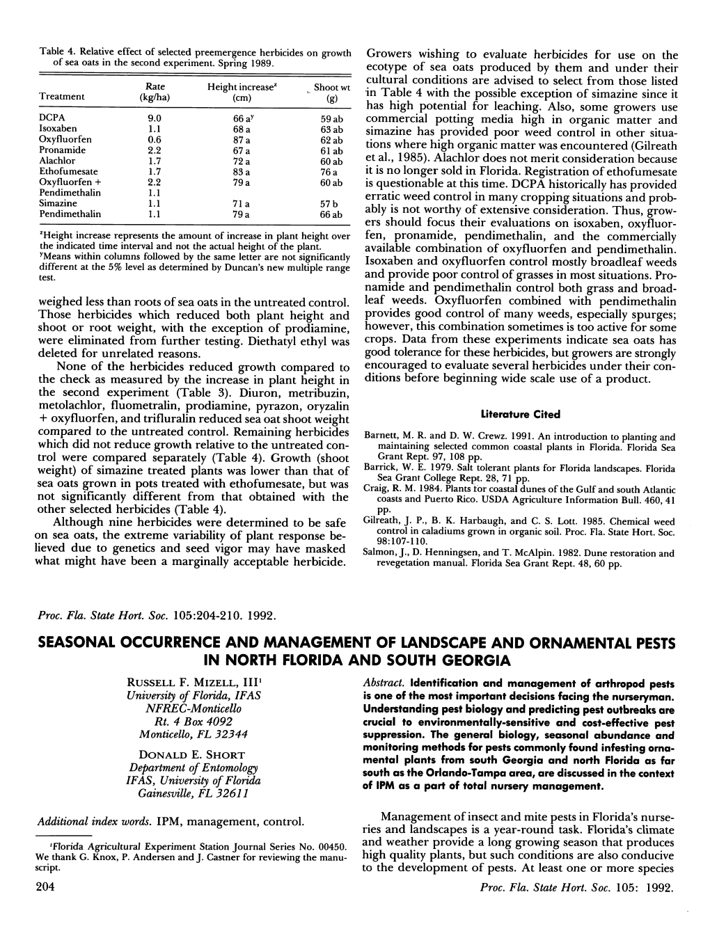 Seasonal Occurrence and Management Oflandscape and Ornamental Pests in North Florida and South Georgia