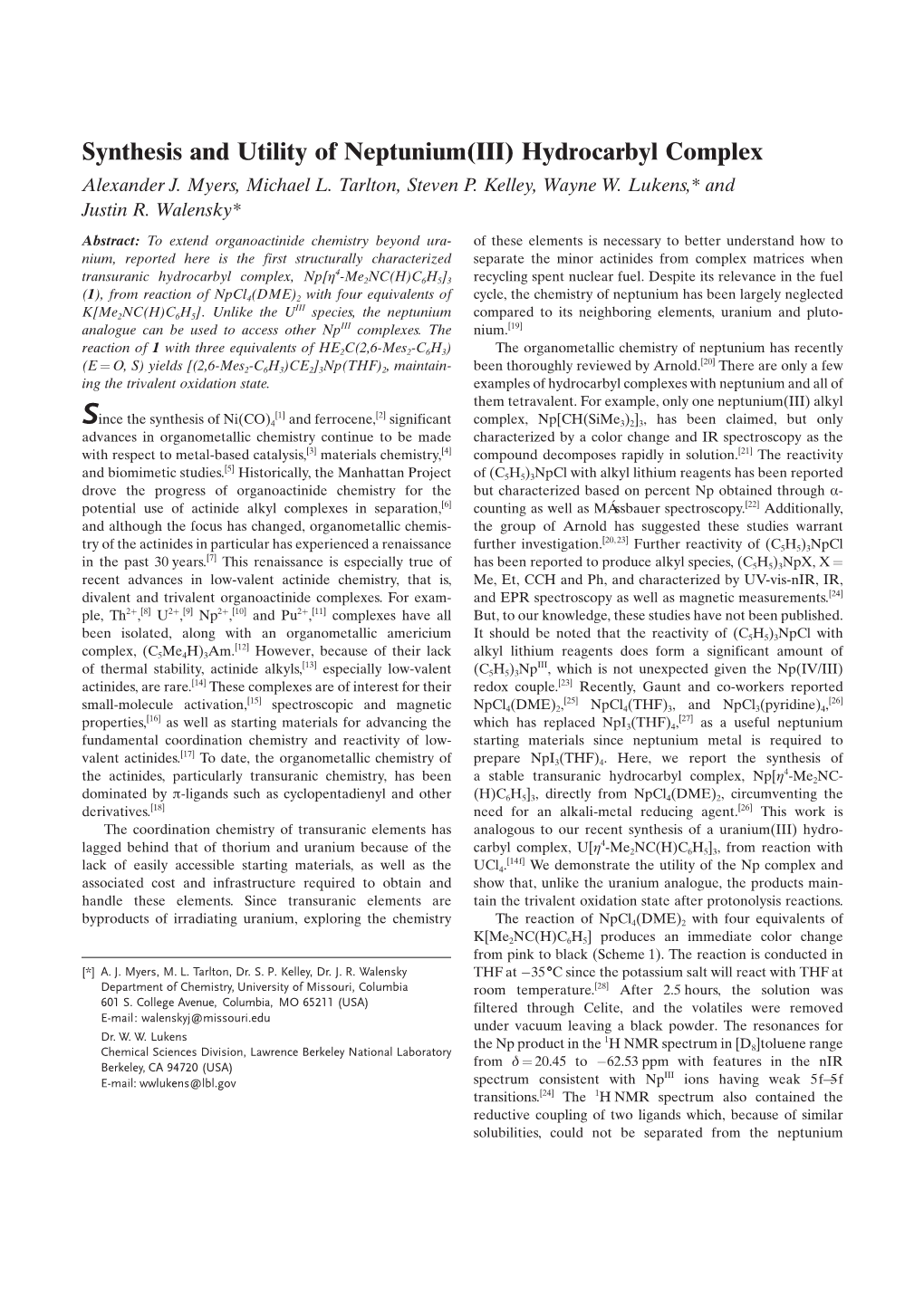 Synthesis and Utility of Neptunium(III) Hydrocarbyl Complex Alexander J