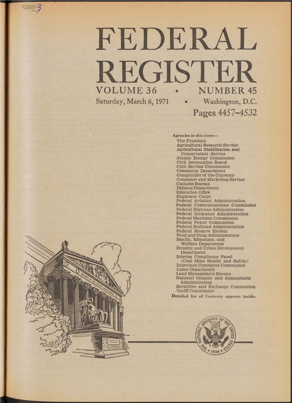 FEDERAL REGISTER VOLUME 36 • NUMBER 45 Saturday, March 6,1971 • Washington, D.C