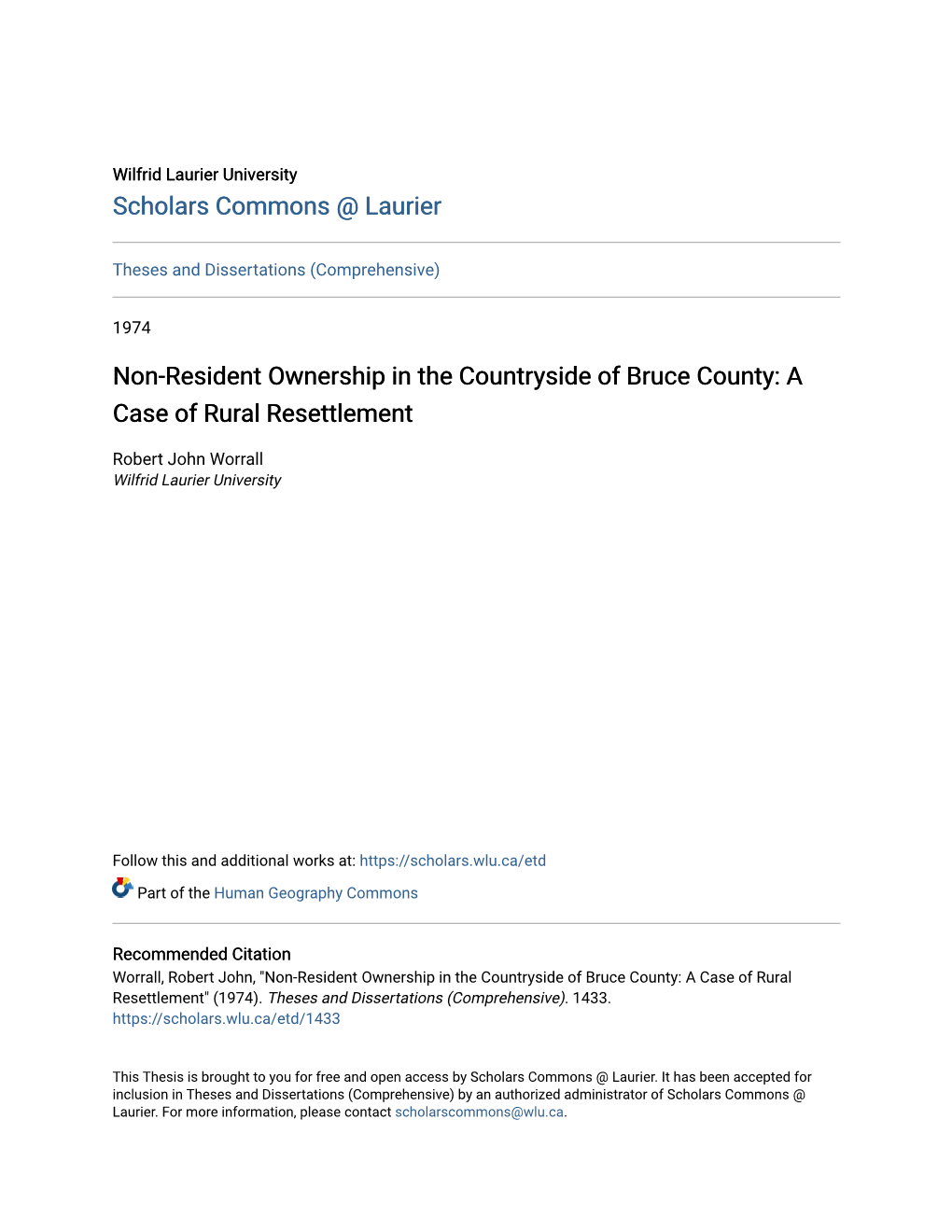 Non-Resident Ownership in the Countryside of Bruce County: a Case of Rural Resettlement