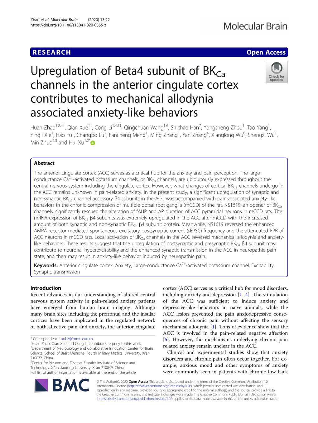 Upregulation of Beta4 Subunit of Bkca Channels in the Anterior