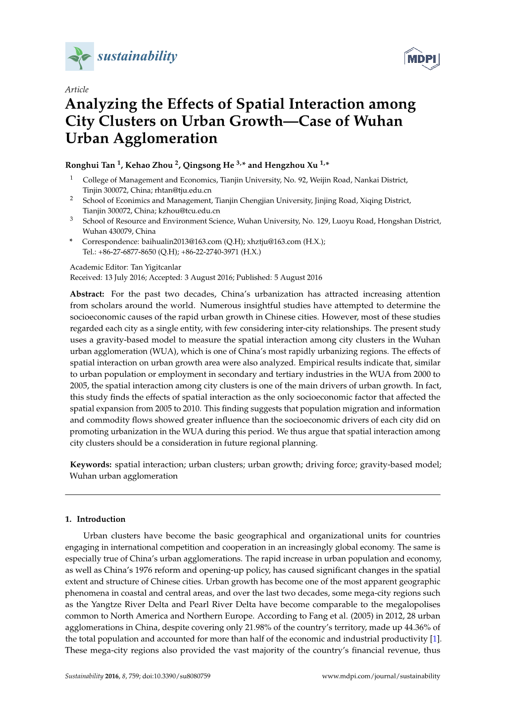 Analyzing the Effects of Spatial Interaction Among City Clusters on Urban Growth—Case of Wuhan Urban Agglomeration