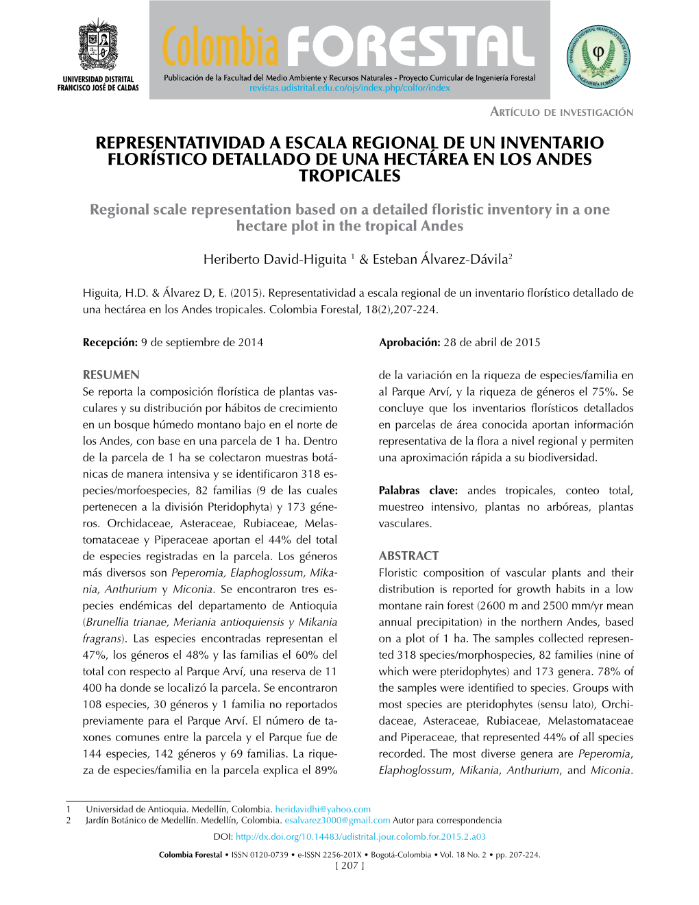 Representatividad a Escala Regional De Un Inventario Florístico Detallado De Una Hectárea En Los Andes Tropicales