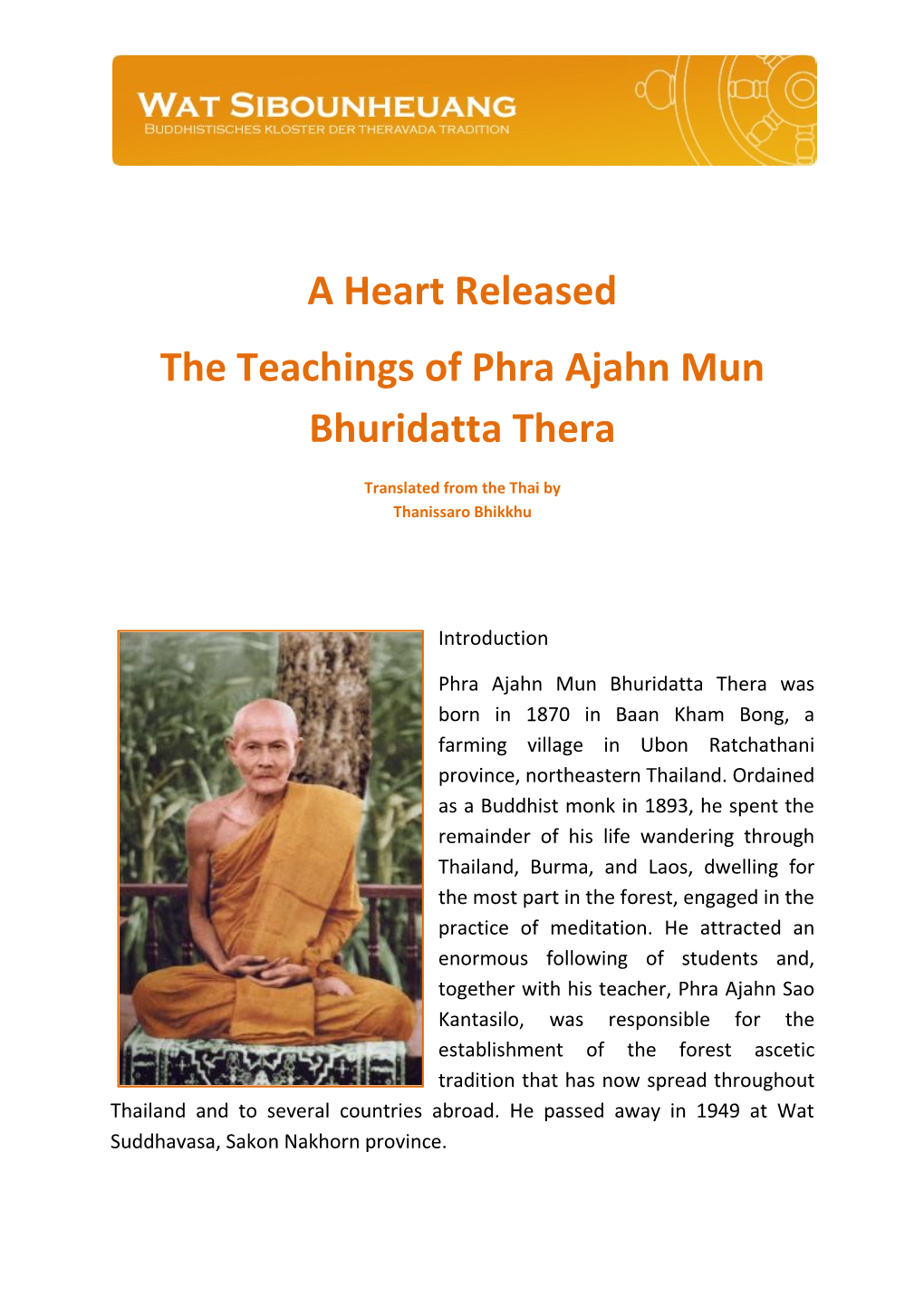 A Heart Released the Teachings of Phra Ajahn Mun Bhuridatta Thera