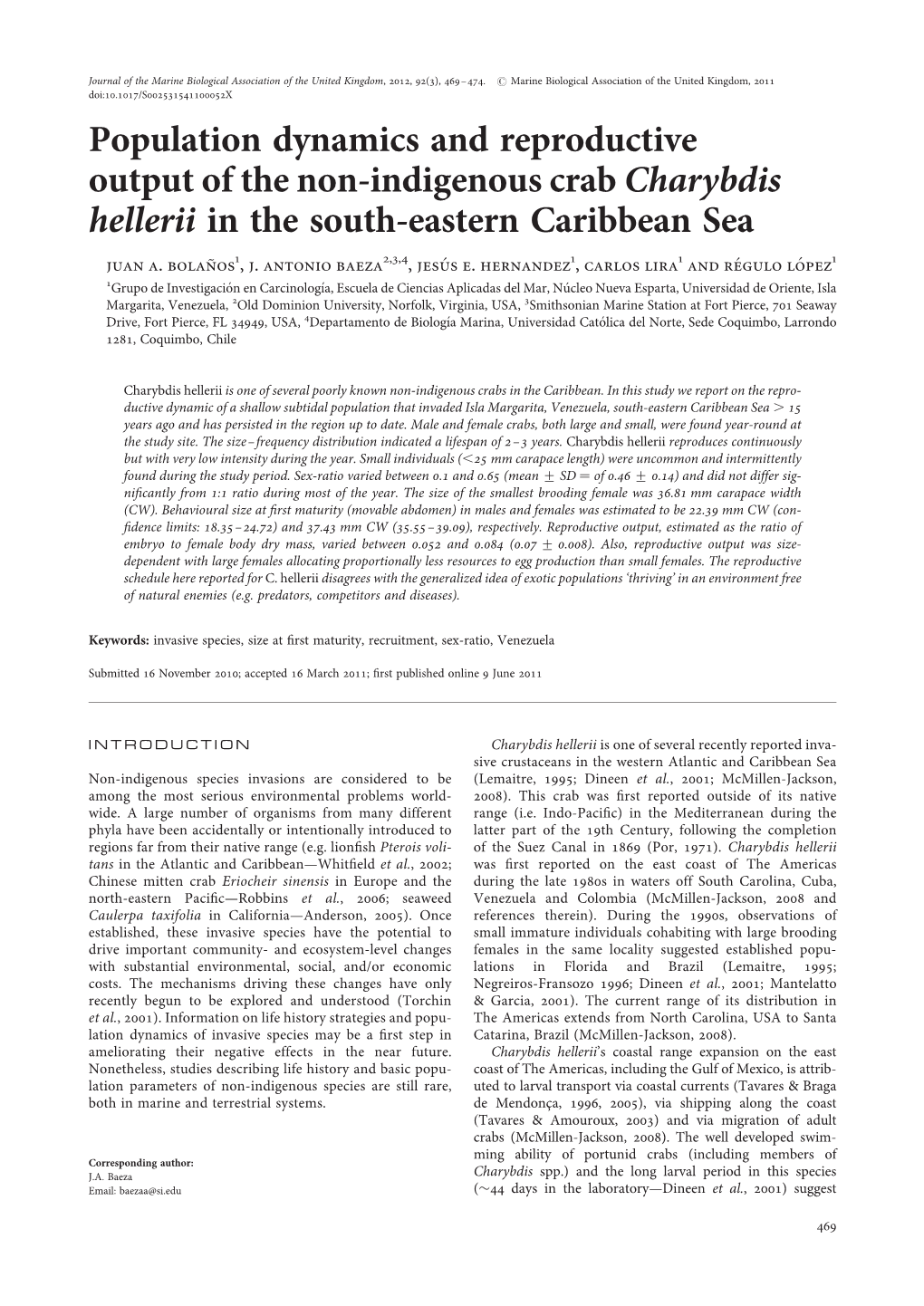 Population Dynamics and Reproductive Output of the Non-Indigenous Crab Charybdis Hellerii in the South-Eastern Caribbean Sea Juan A