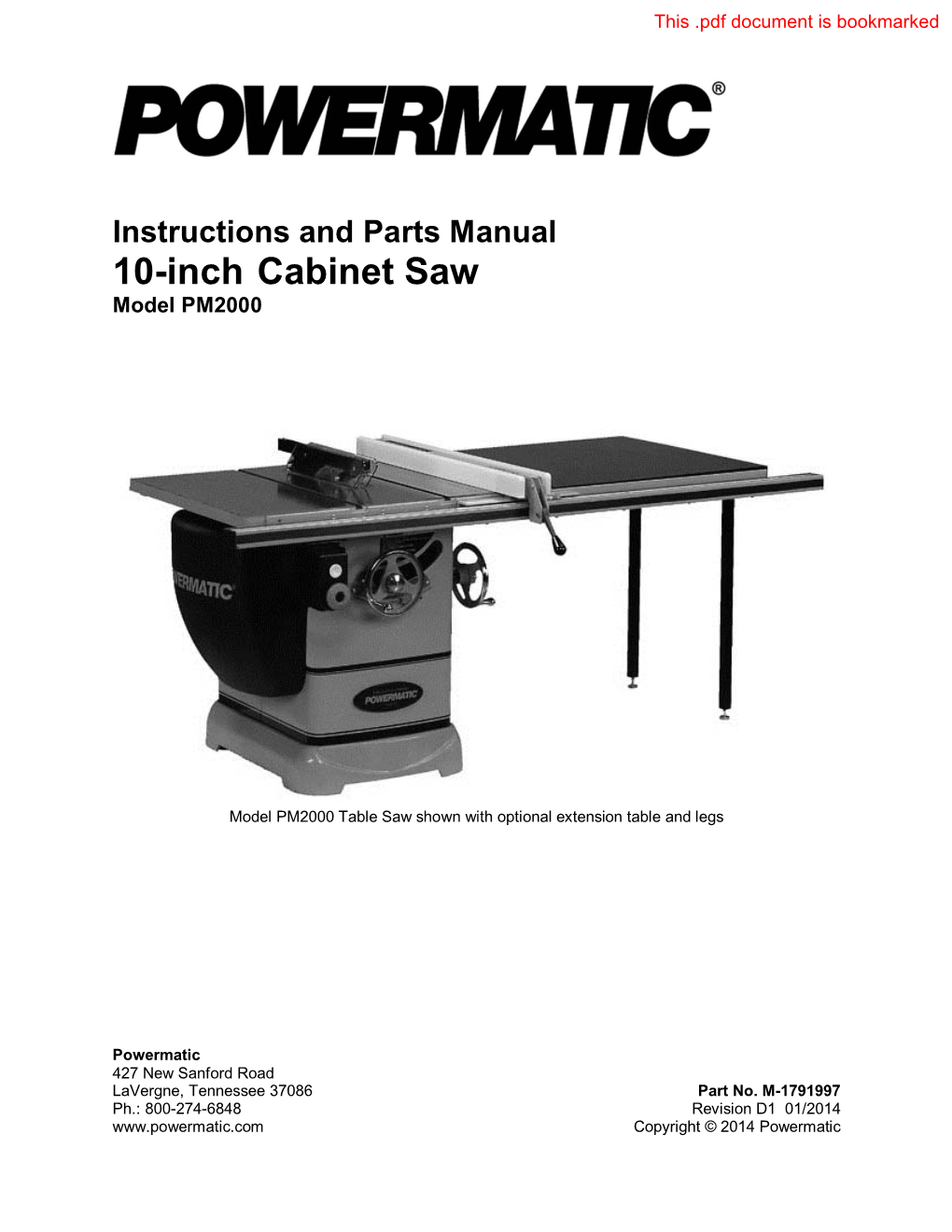 Instructions and Parts Manual 10-Inch Cabinet Saw Model PM2000