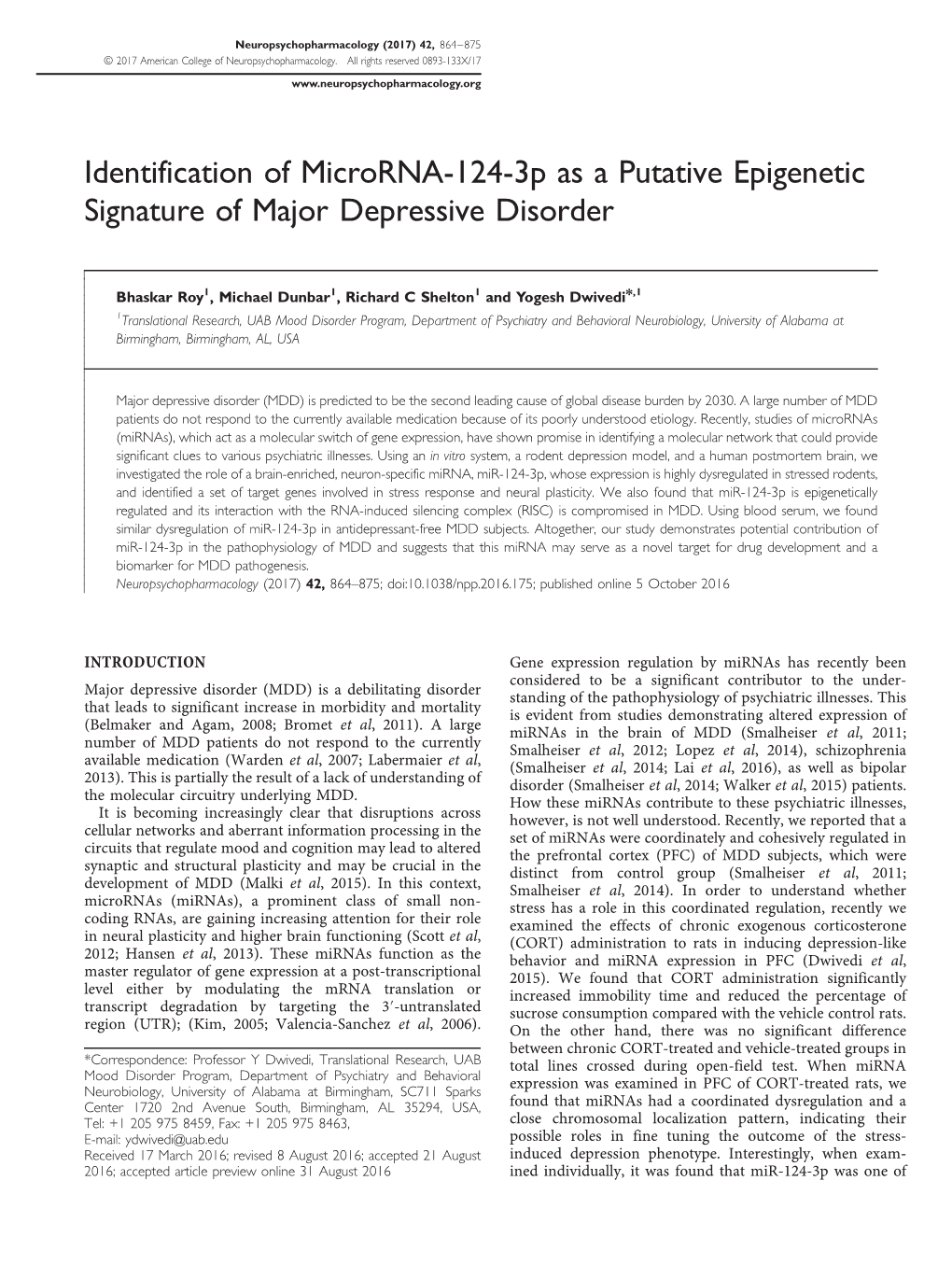 Identification of Microrna-124-3P As a Putative Epigenetic Signature of Major Depressive Disorder