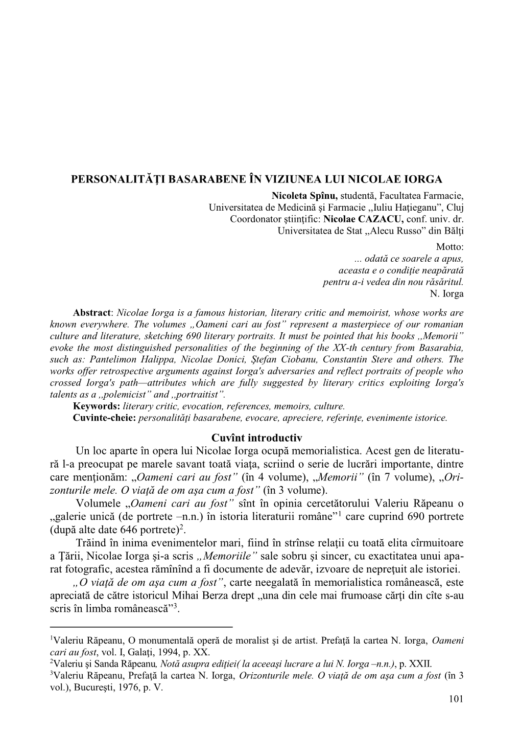 Personalită I Basarabene În Viziunea Lui Nicolae Iorga