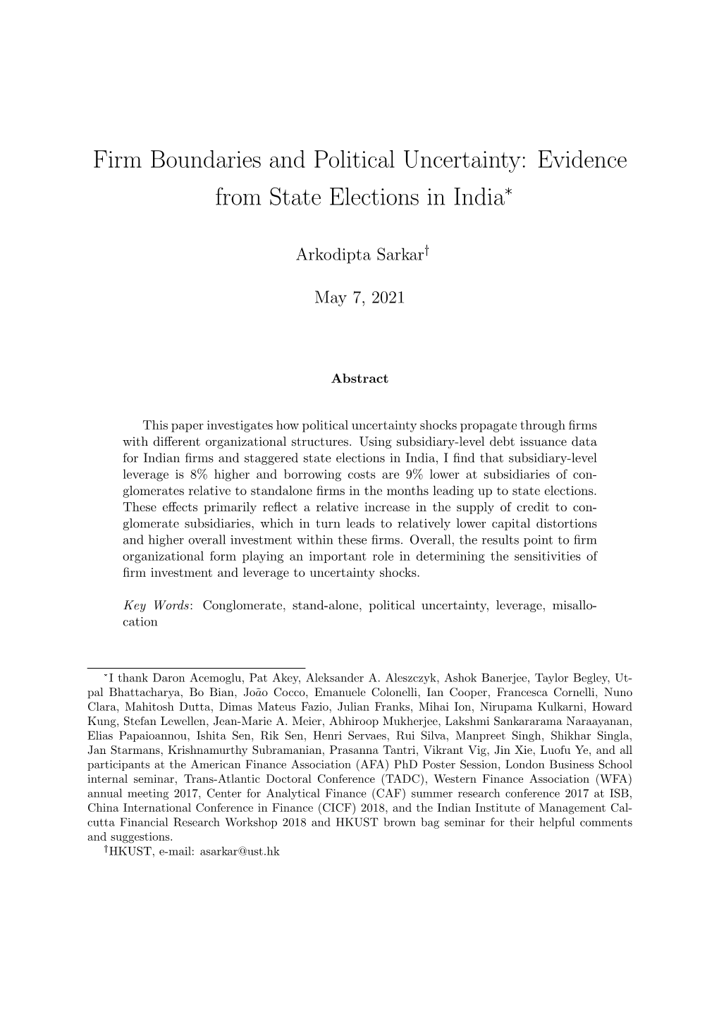 Firm Boundaries and Political Uncertainty: Evidence from State Elections in India*