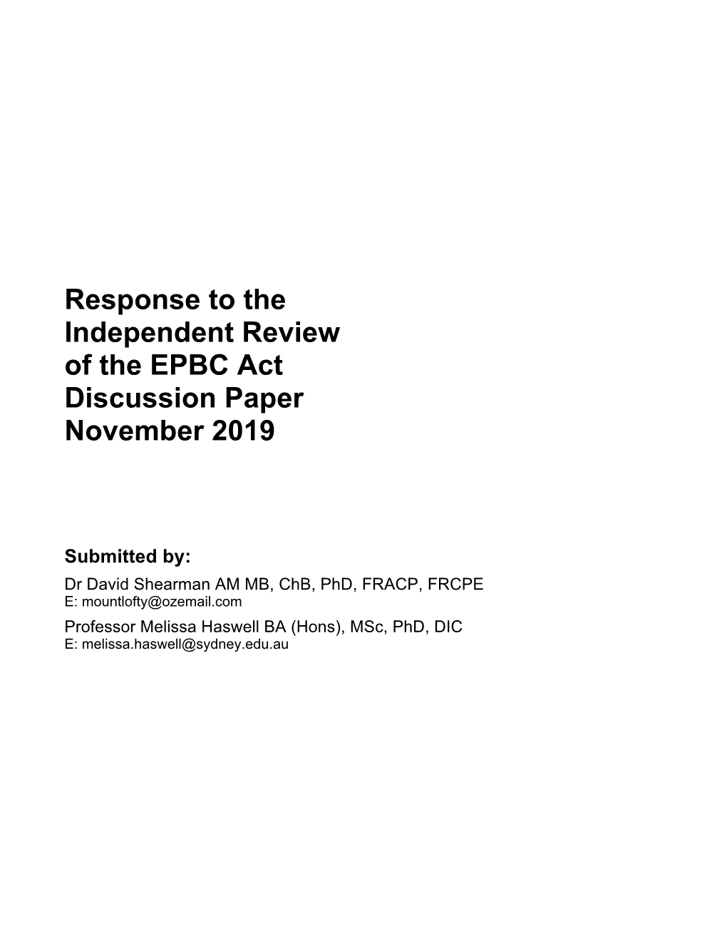 Response to the Independent Review of the EPBC Act Discussion Paper November 2019