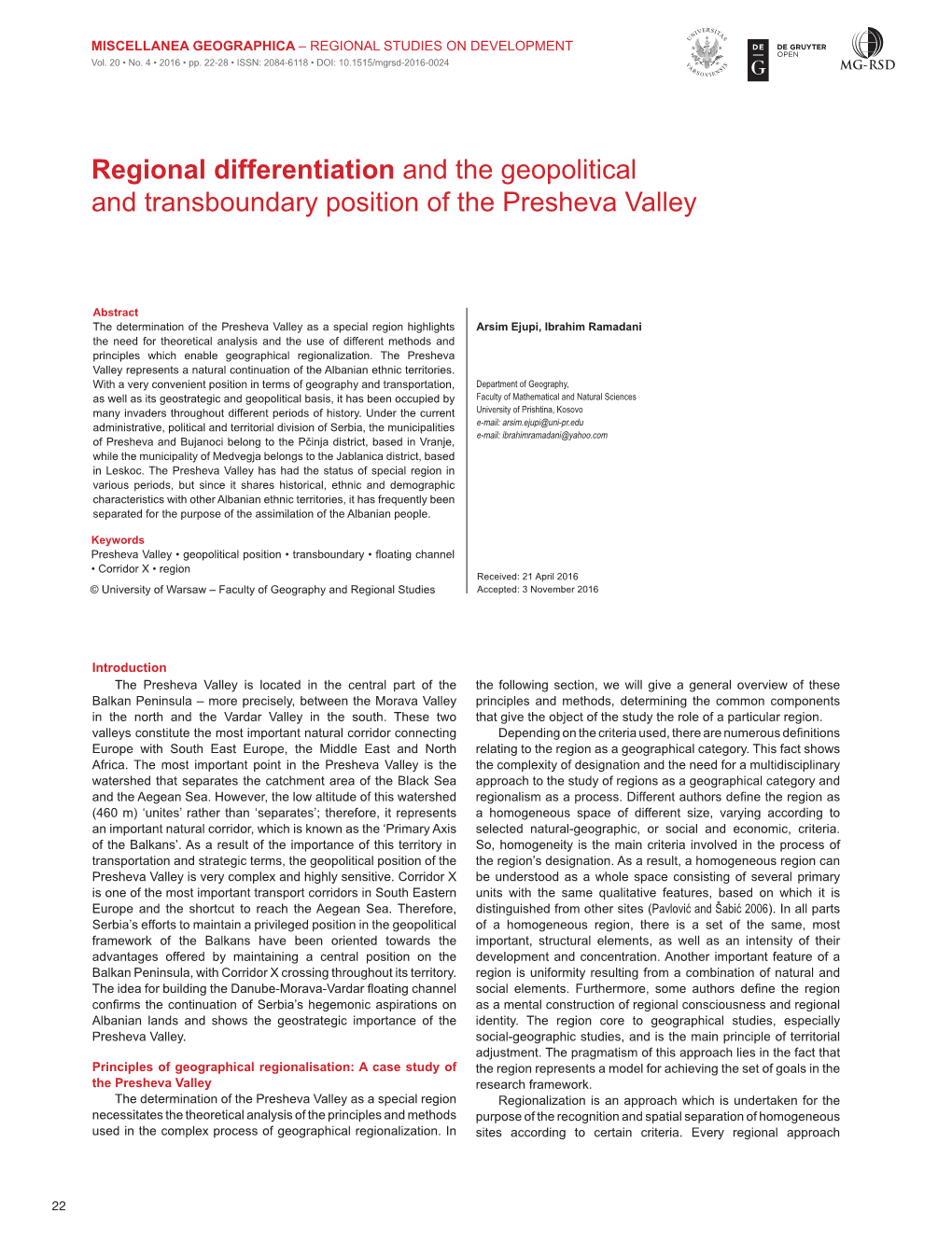 Regional Differentiation and the Geopolitical and Transboundary Position of the Presheva Valley