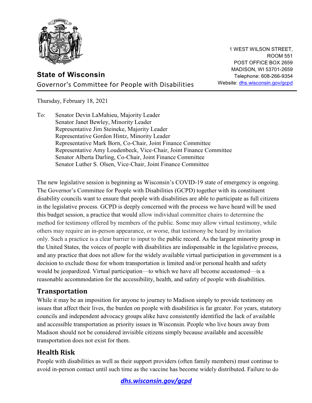 GCPD Letter to Senate, Assembly, and Joint Finance Committee Members