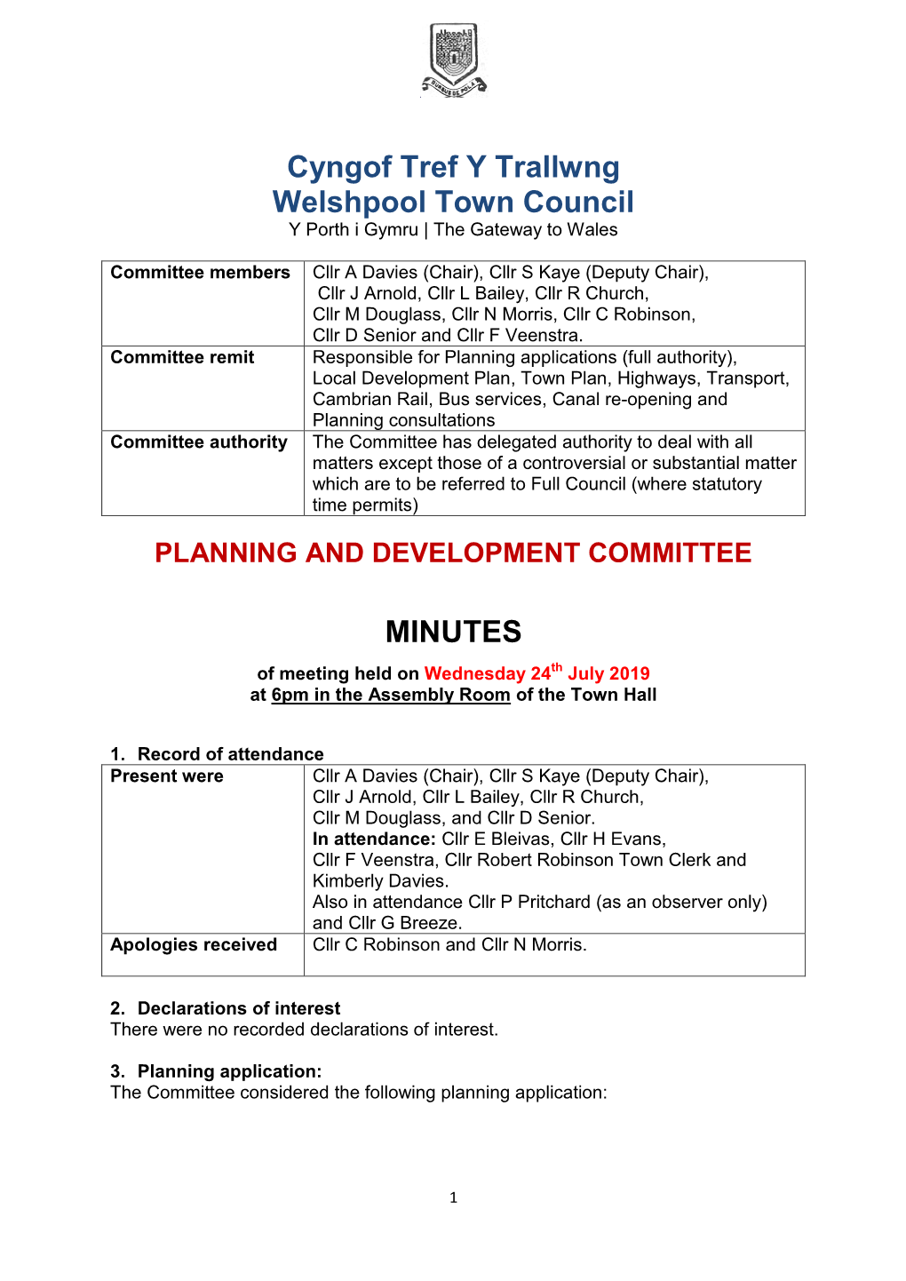 Cyngof Tref Y Trallwng Welshpool Town Council MINUTES