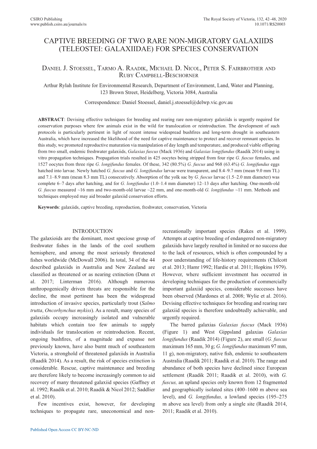 Captive Breeding of Two Rare Non-Migratory Galaxiids (Teleostei: Galaxiidae) for Species Conservation