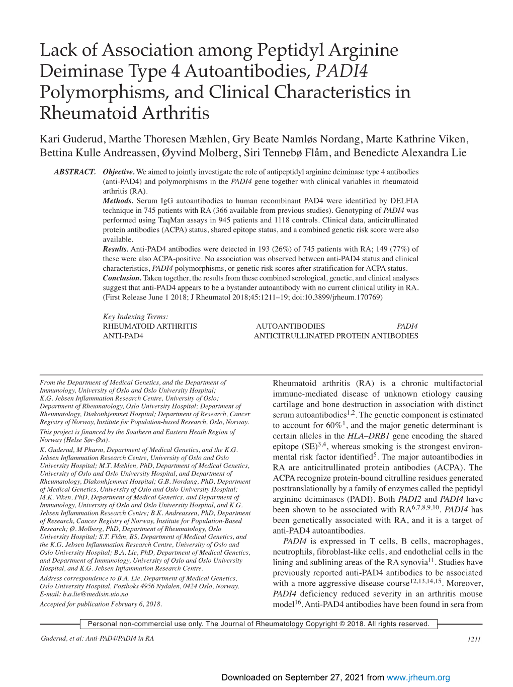 Lack of Association Among Peptidyl Arginine Deiminase Type 4 Autoantibodies, PADI4 Polymorphisms, and Clinical Characteristics in Rheumatoid Arthritis