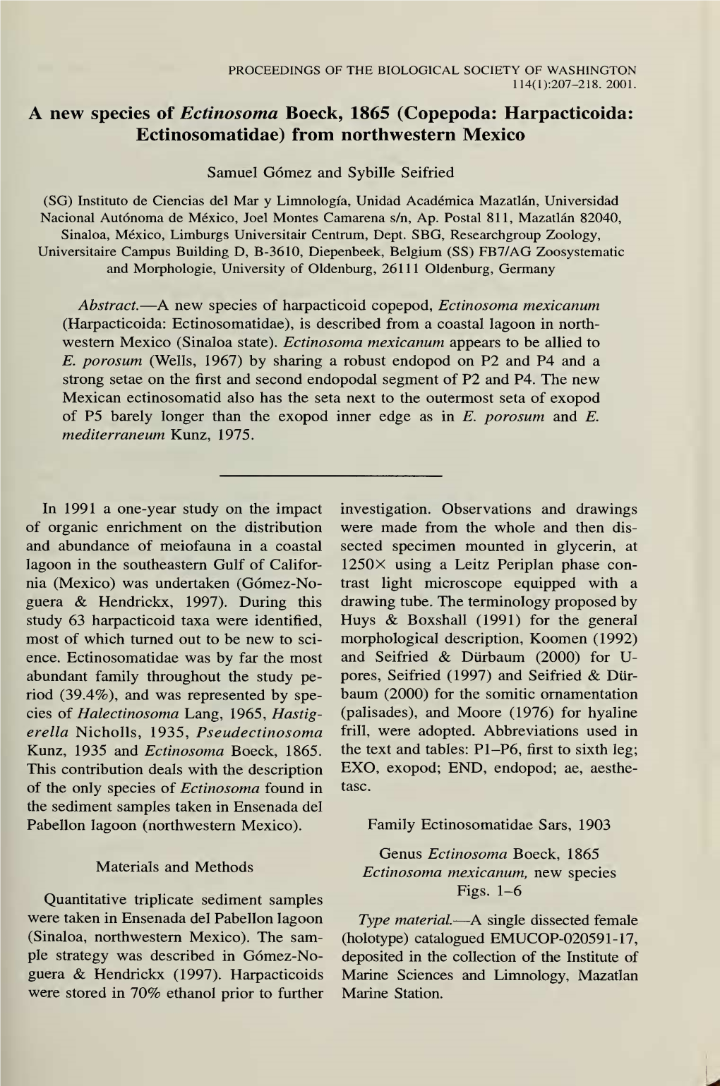 A New Species of Ectinosoma Boeck, 1865 (Copepoda: Harpacticoida: Ectinosomatidae) from Northwestern Mexico