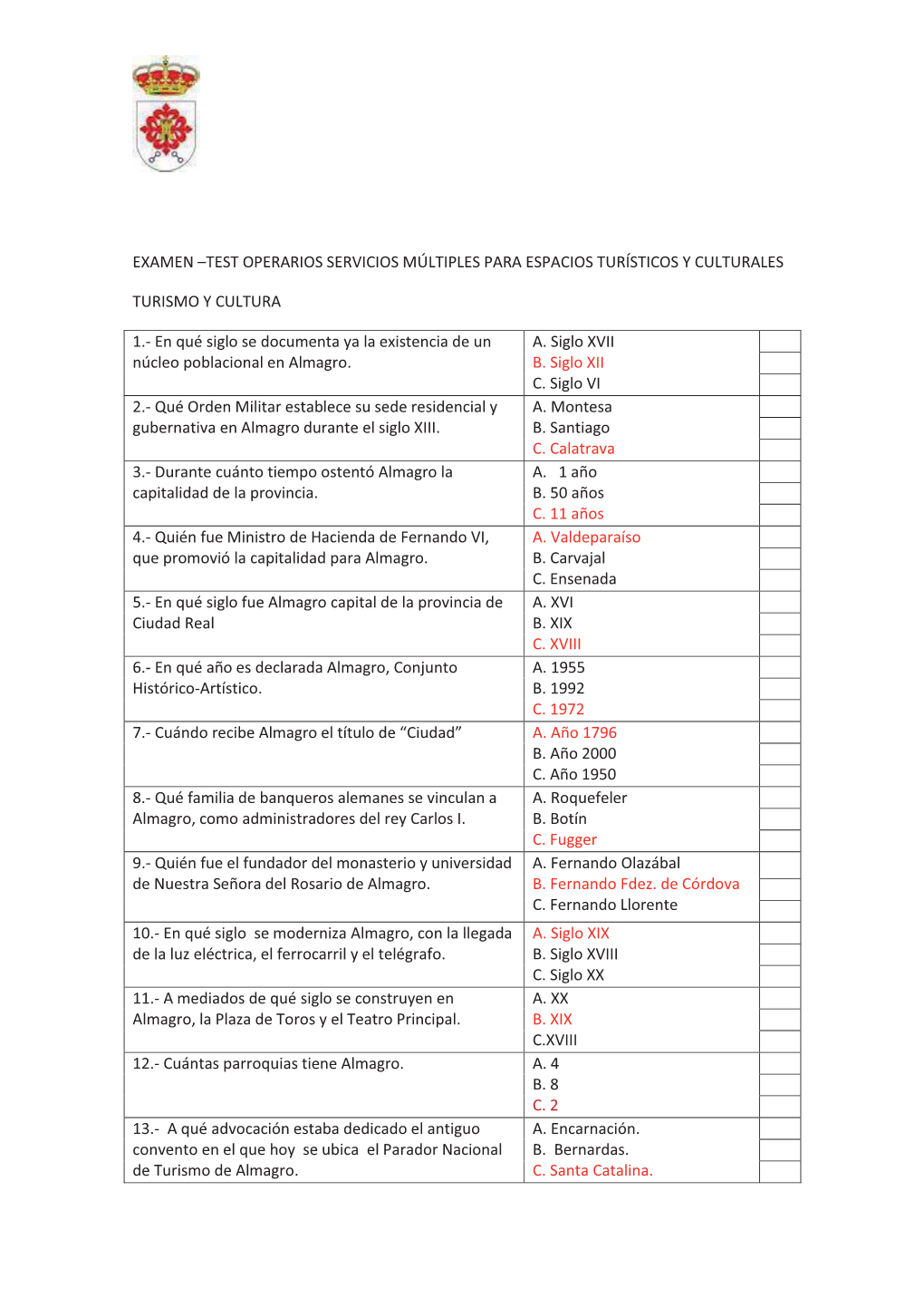 Examen –Test Operarios Servicios Múltiples Para Espacios Turísticos Y Culturales