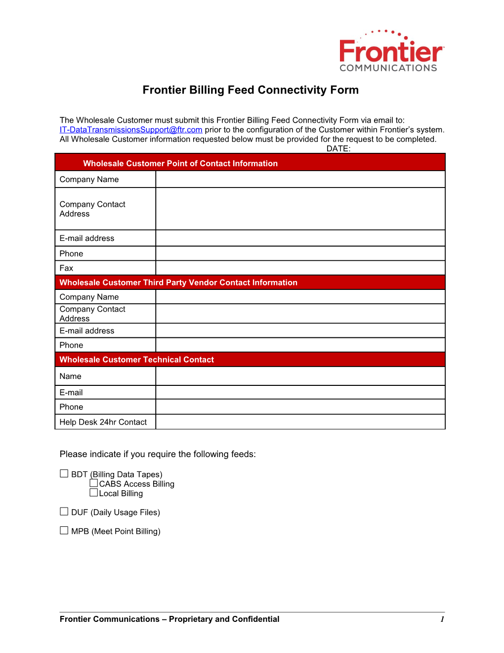 Frontier Billing Feed Connectivity Form