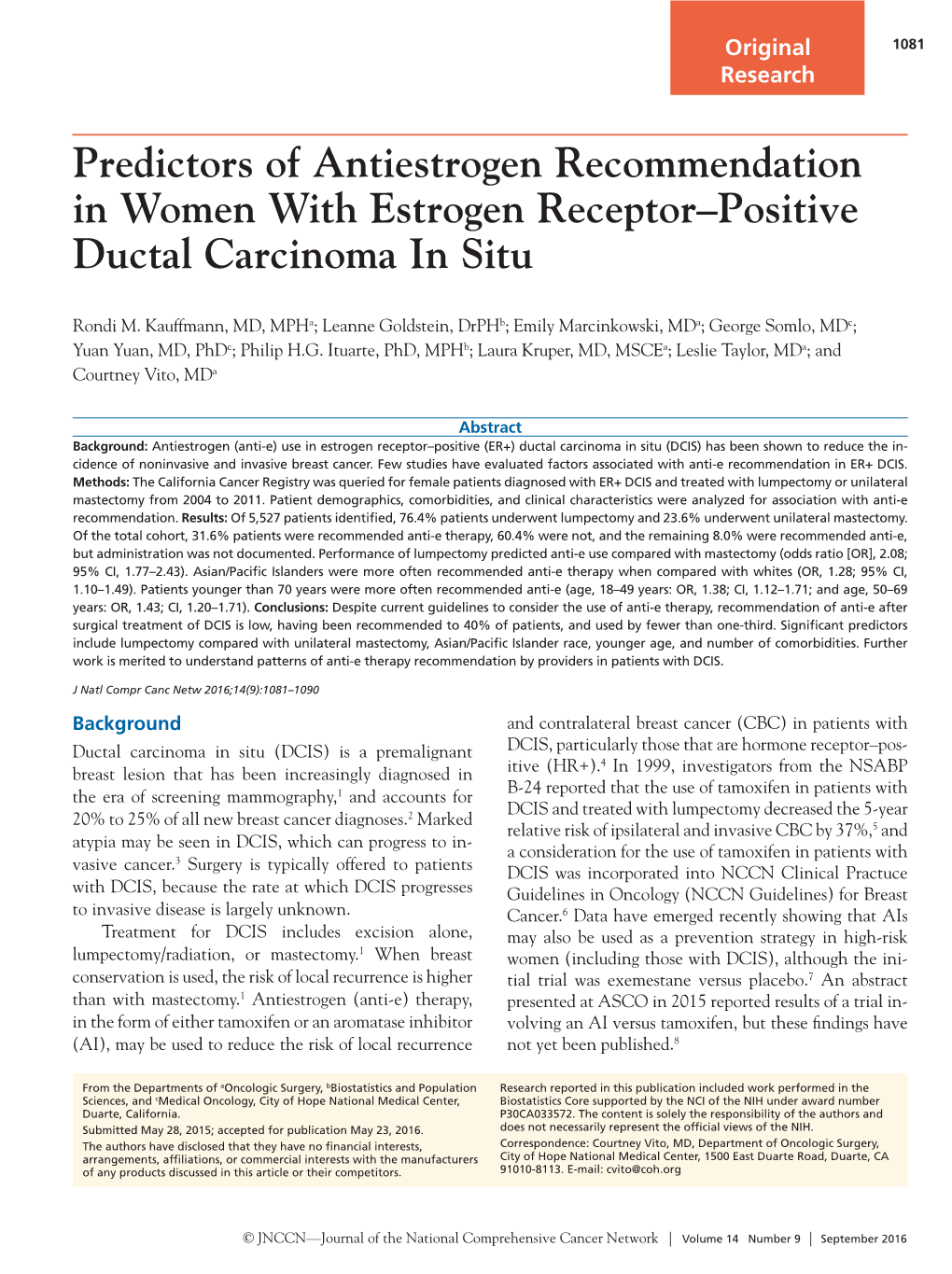 Predictors of Antiestrogen Recommendation in Women with Estrogen Receptor–Positive Ductal Carcinoma in Situ