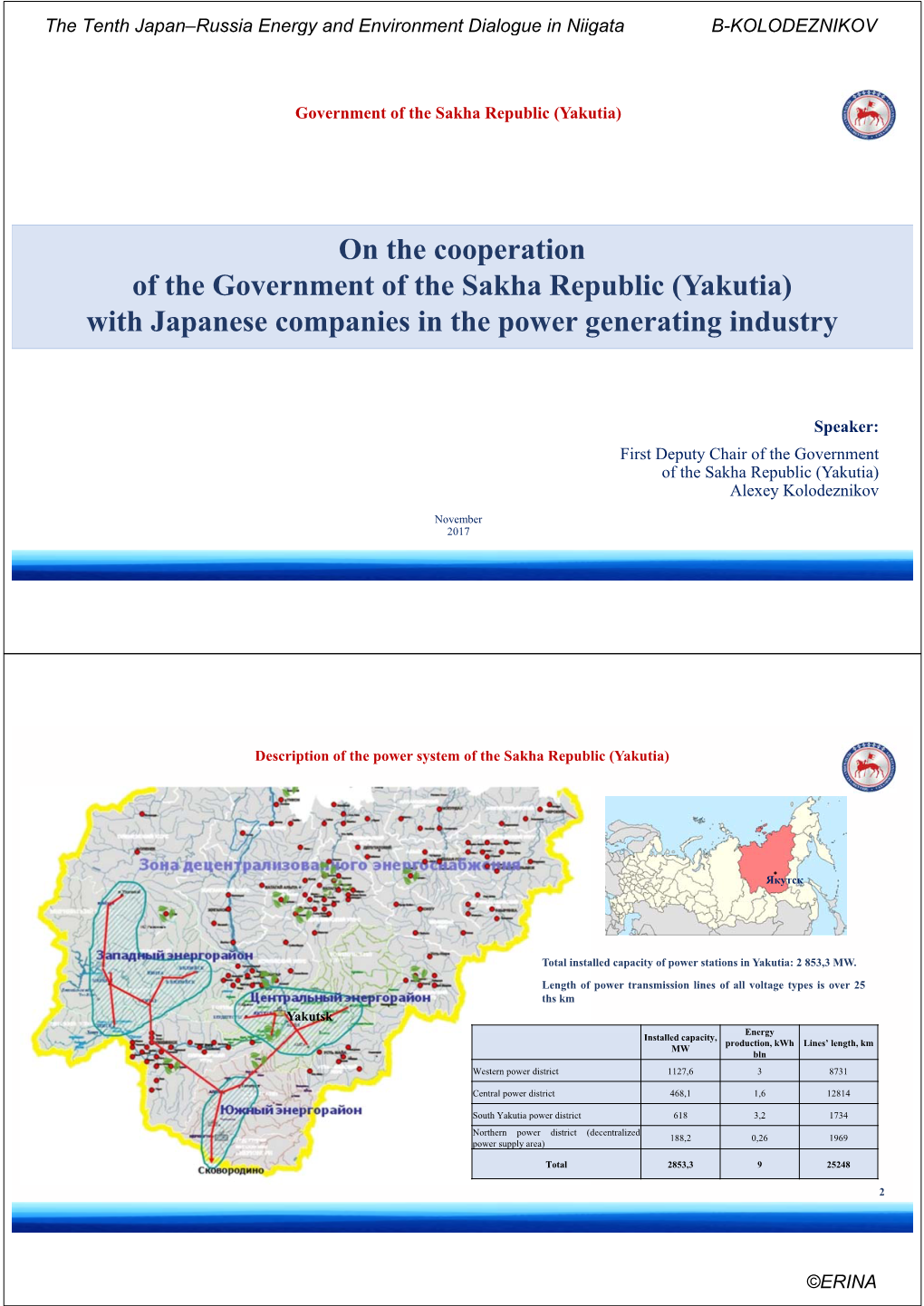 On the Cooperation of the Government of the Sakha Republic (Yakutia) with Japanese Companies in the Power Generating Industry