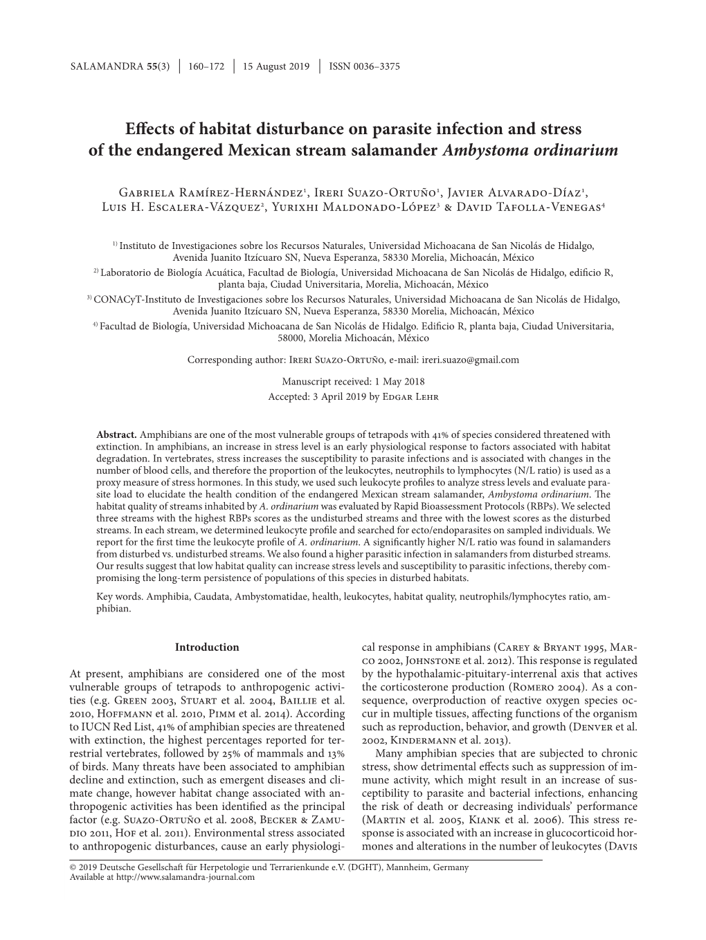 Effects of Habitat Disturbance on Parasite Infection and Stress of the Endangered Mexican Stream Salamander Ambystoma Ordinarium