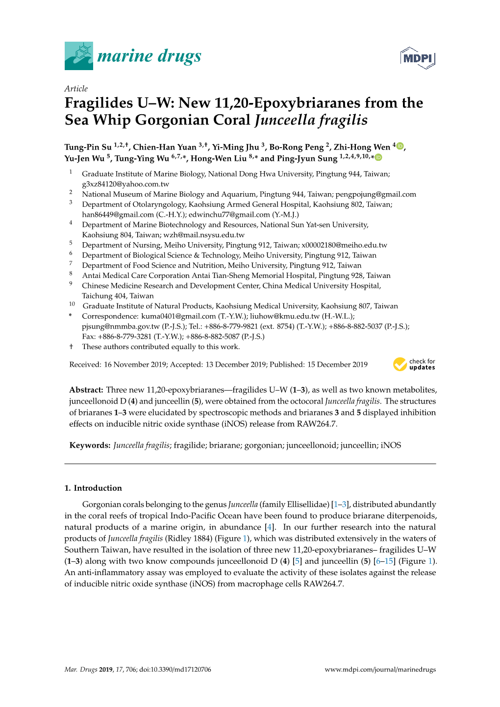 Fragilides U–W: New 11,20-Epoxybriaranes from the Sea Whip Gorgonian Coral Junceella Fragilis