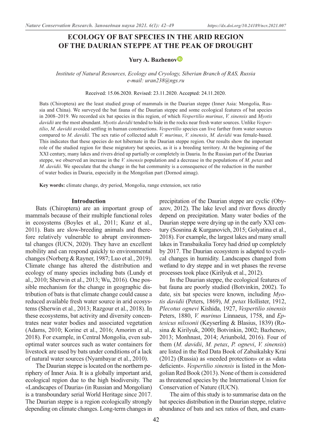 Ecology of Bat Species in the Arid Region of the Daurian Steppe at the Peak of Drought