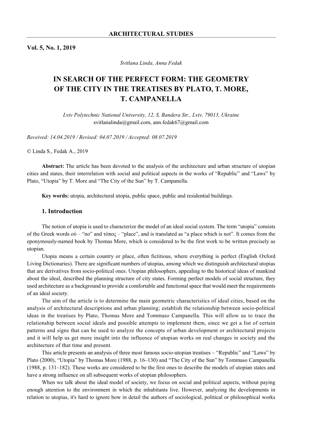 In Search of the Perfect Form: the Geometry of the City in the Treatises by Plato, T. More, T. Campanella