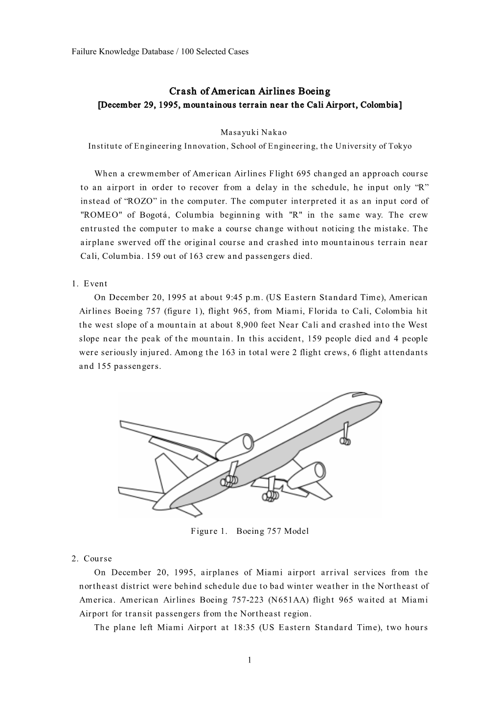 Crash of American Airlines Boeing [December 29, 1995, Mountainous Terrain Near the Cali Airport, Colombia]