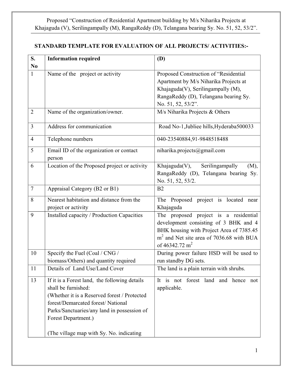 Proposed “Construction of Residential Apartment Building by M/S Niharika Projects at Khajaguda (V), Serilingampally (M), Rangareddy (D), Telangana Bearing Sy