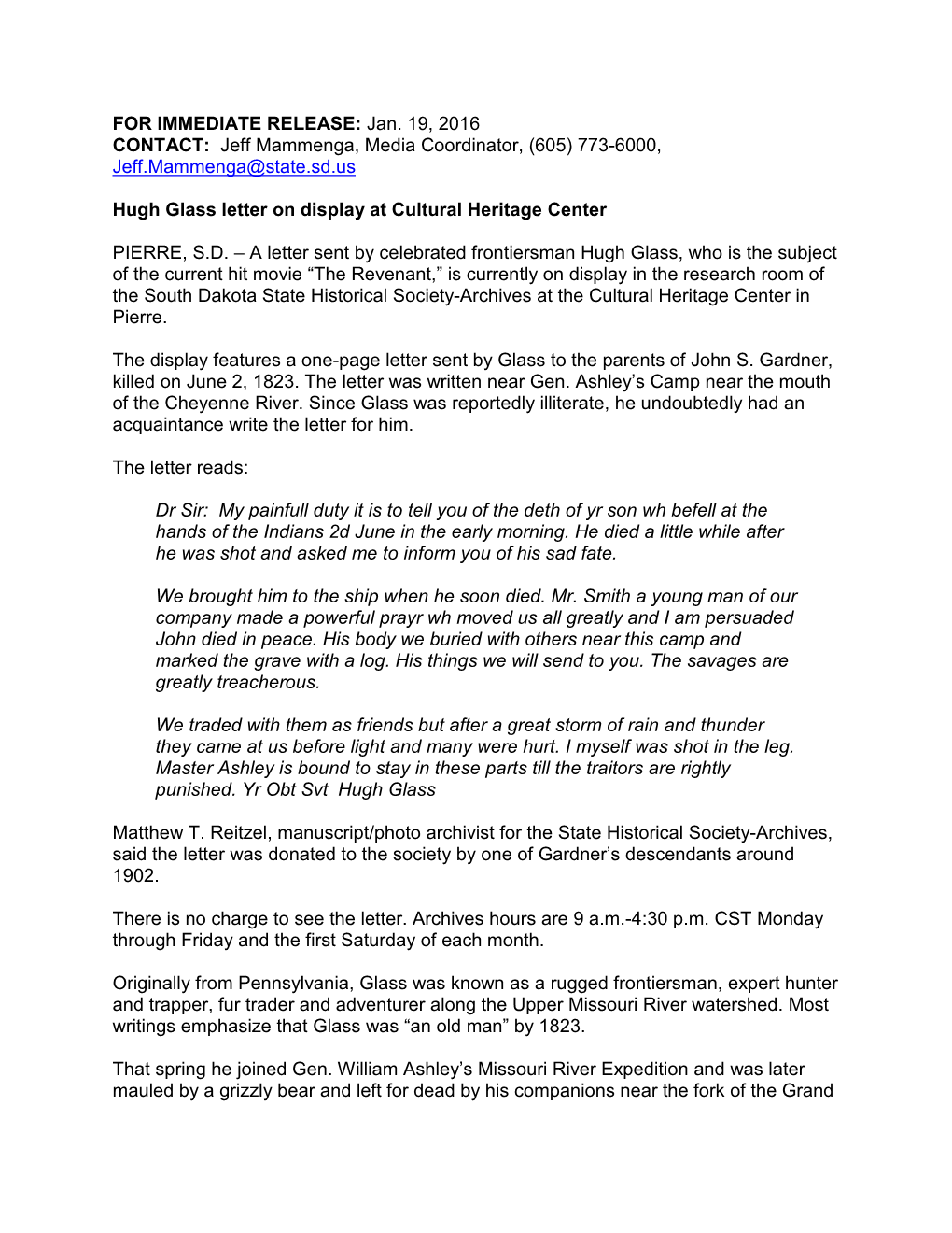 Hugh Glass Letter on Display at Cultural Heritage Center