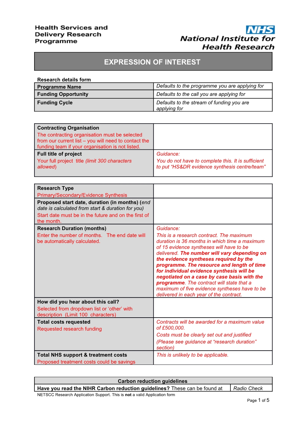 NETSCC Application Support Form for Expression of Interest Applications Only