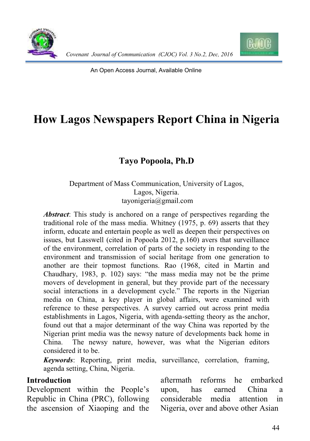 How Lagos Newspapers Report China in Nigeria