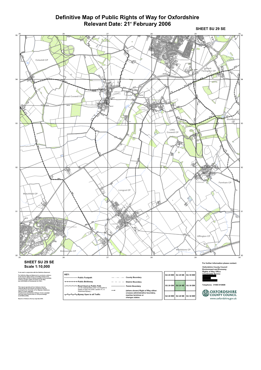 Definitive Map of Public Rights of Way for Oxfordshire Relevant Date: 21St February 2006 Colour SHEET SU 29 SE