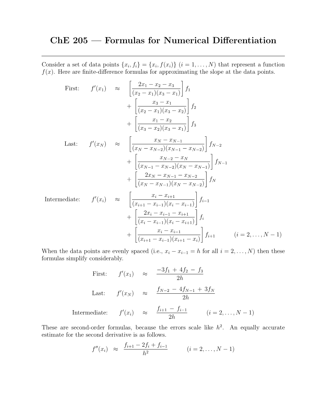 Che 205 — Formulas for Numerical Differentiation