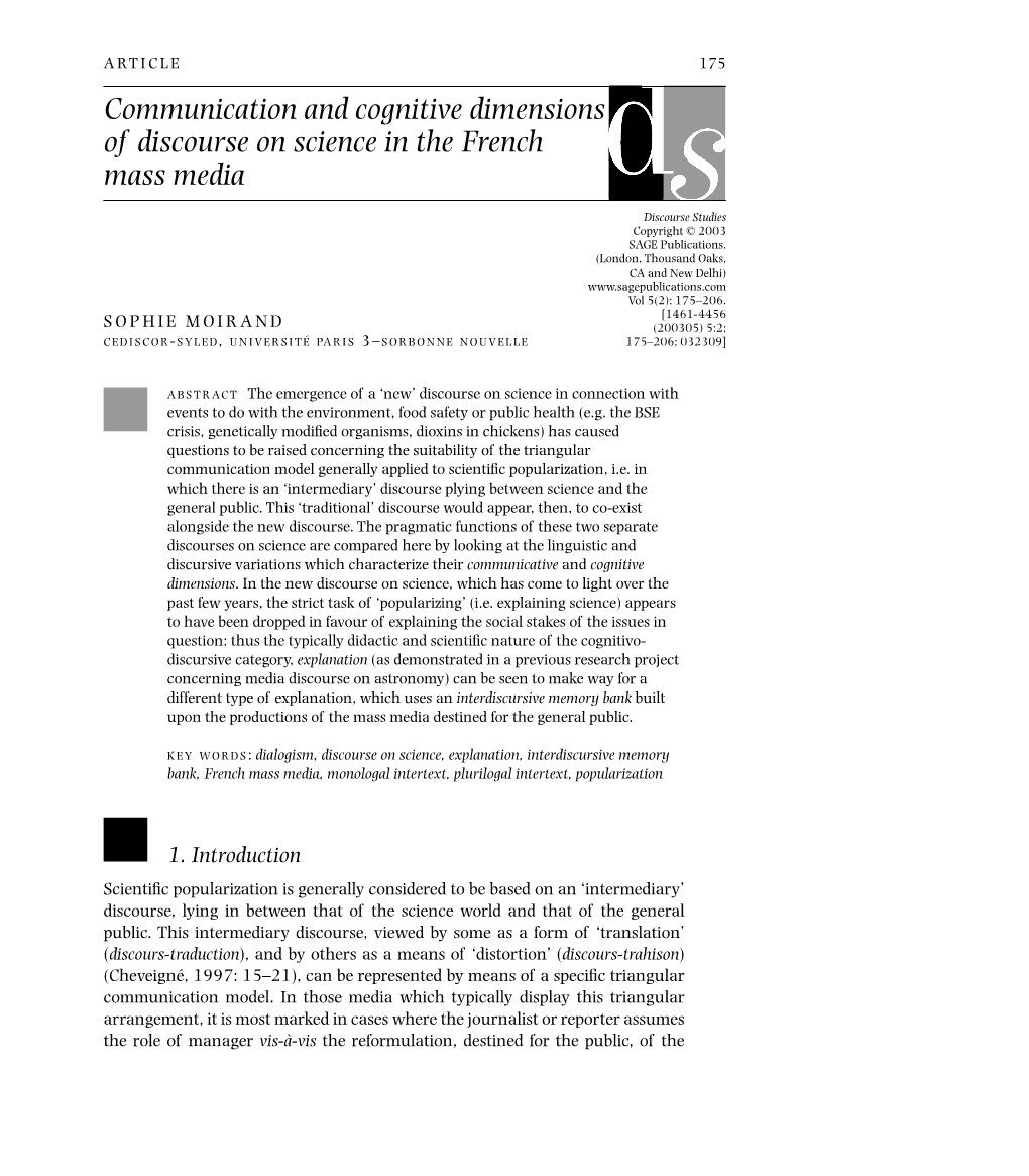 Communication and Cognitive Dimensions of Discourse on Science in the French Mass Media