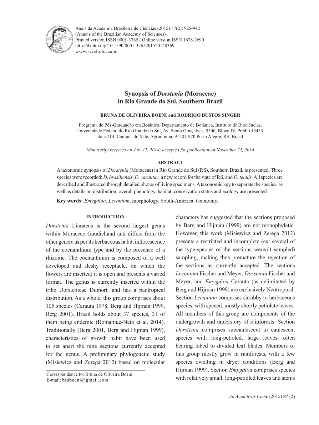 Synopsis of Dorstenia (Moraceae) in Rio Grande Do Sul, Southern Brazil