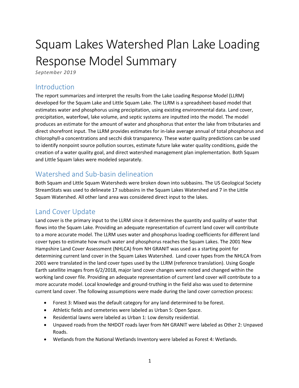 Squam Lakes Watershed Plan Lake Loading Response Model Summary September 2019