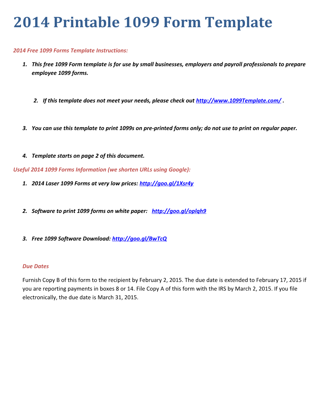 2014 Free Printable 1099 Form Template