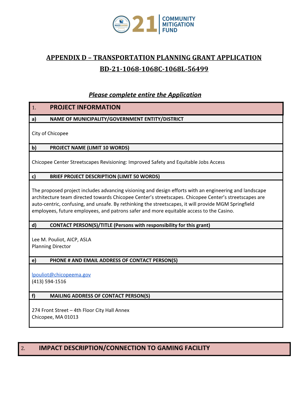City of Chicopee 2021 Transportation Planning Grant Application