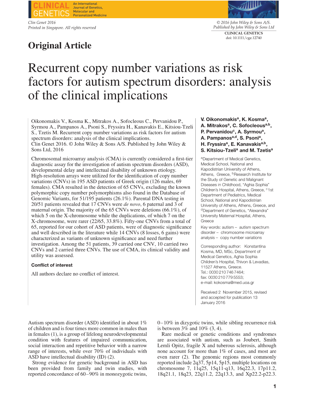 Recurrent Copy Number Variations As Risk Factors for Autism Spectrum Disorders: Analysis of the Clinical Implications