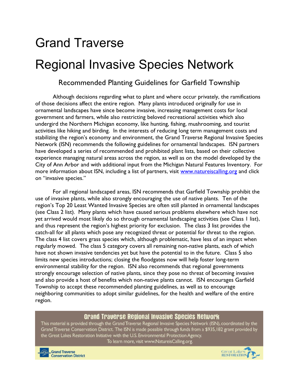Grand Traverse Regional Invasive Species Network Recommended Planting Guidelines for Garfield Township