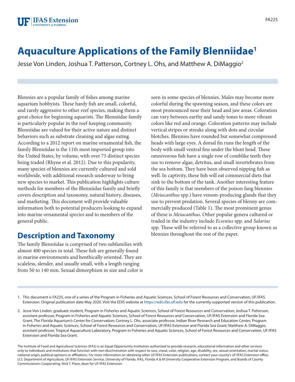Aquaculture Applications of the Family Blenniidae1 Jesse Von Linden, Joshua T