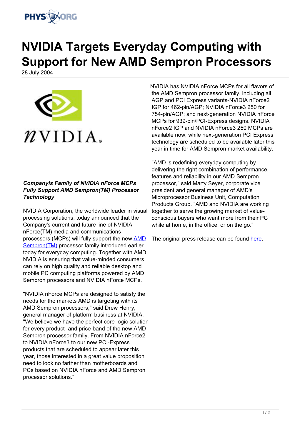 NVIDIA Targets Everyday Computing with Support for New AMD Sempron Processors 28 July 2004