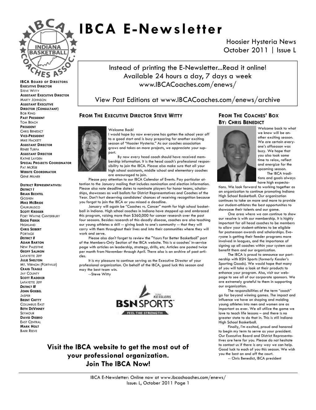 IBCA E-Newsletter Hoosier Hysteria News October 2011 | Issue L