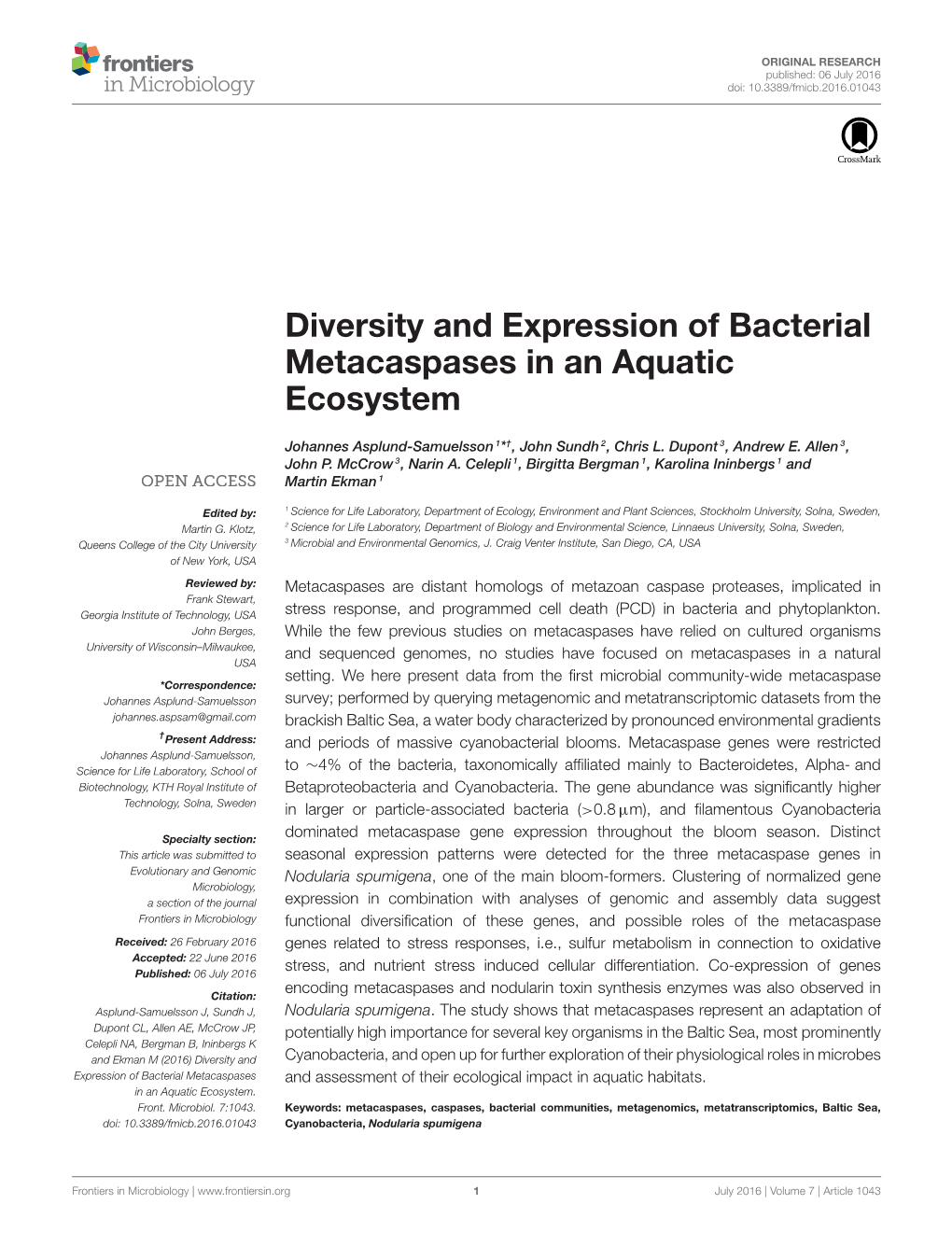 Diversity and Expression of Bacterial Metacaspases in an Aquatic Ecosystem